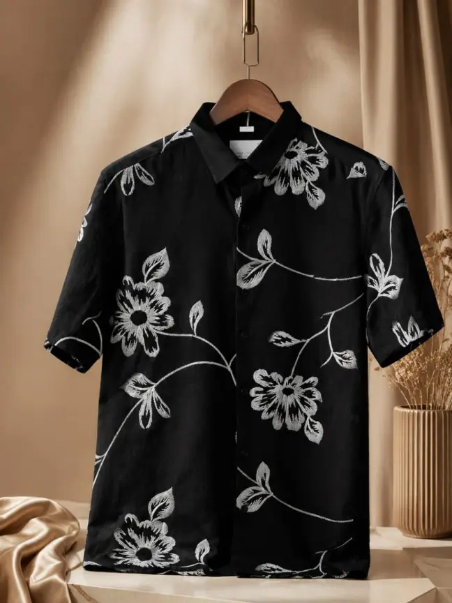 Elegant Mens Patchwork Shirt with Floral Embroidery Design