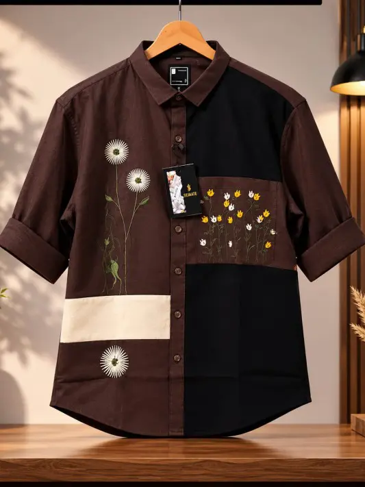 Elegant Mens Patchwork Shirt with Floral Embroidery Design