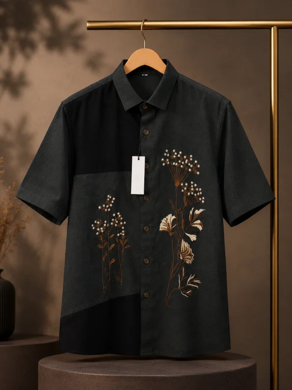 Elegant Mens Patchwork Shirt with Floral Embroidery Design