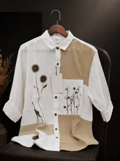 Elegant Mens Patchwork Shirt with Floral Embroidery Design
